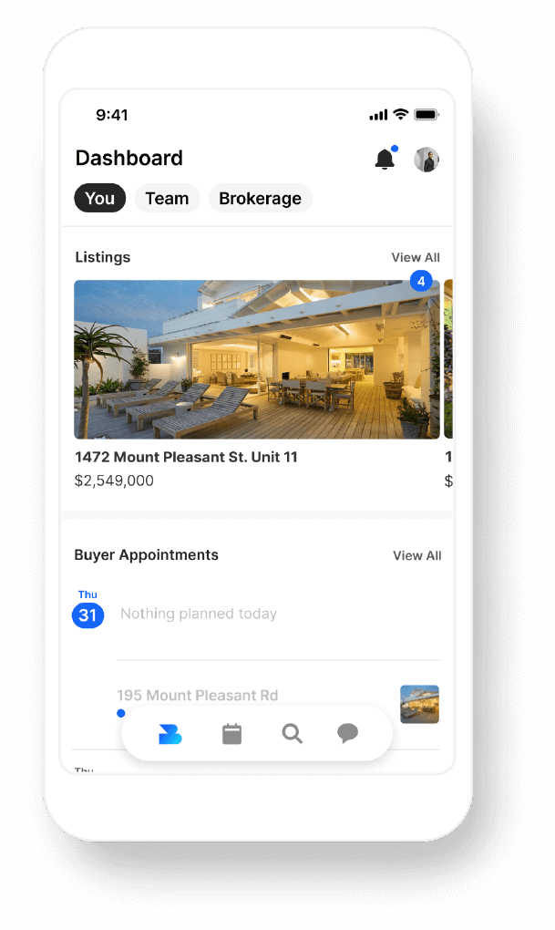 Home-showing scheduling app on mobile device, featuring Dashboard screen for Brokerages & Teams