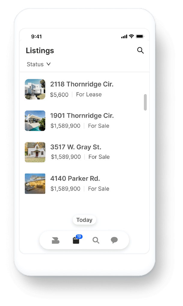 Home-showing scheduling app on mobile device, featuring Listings screen for Associations & MLSs